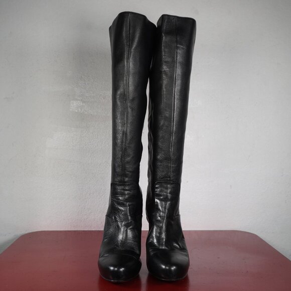 Women's Nine West Black Leather Knee High Heel Platform Fashion Boots 8 - Picture 2 of 9
